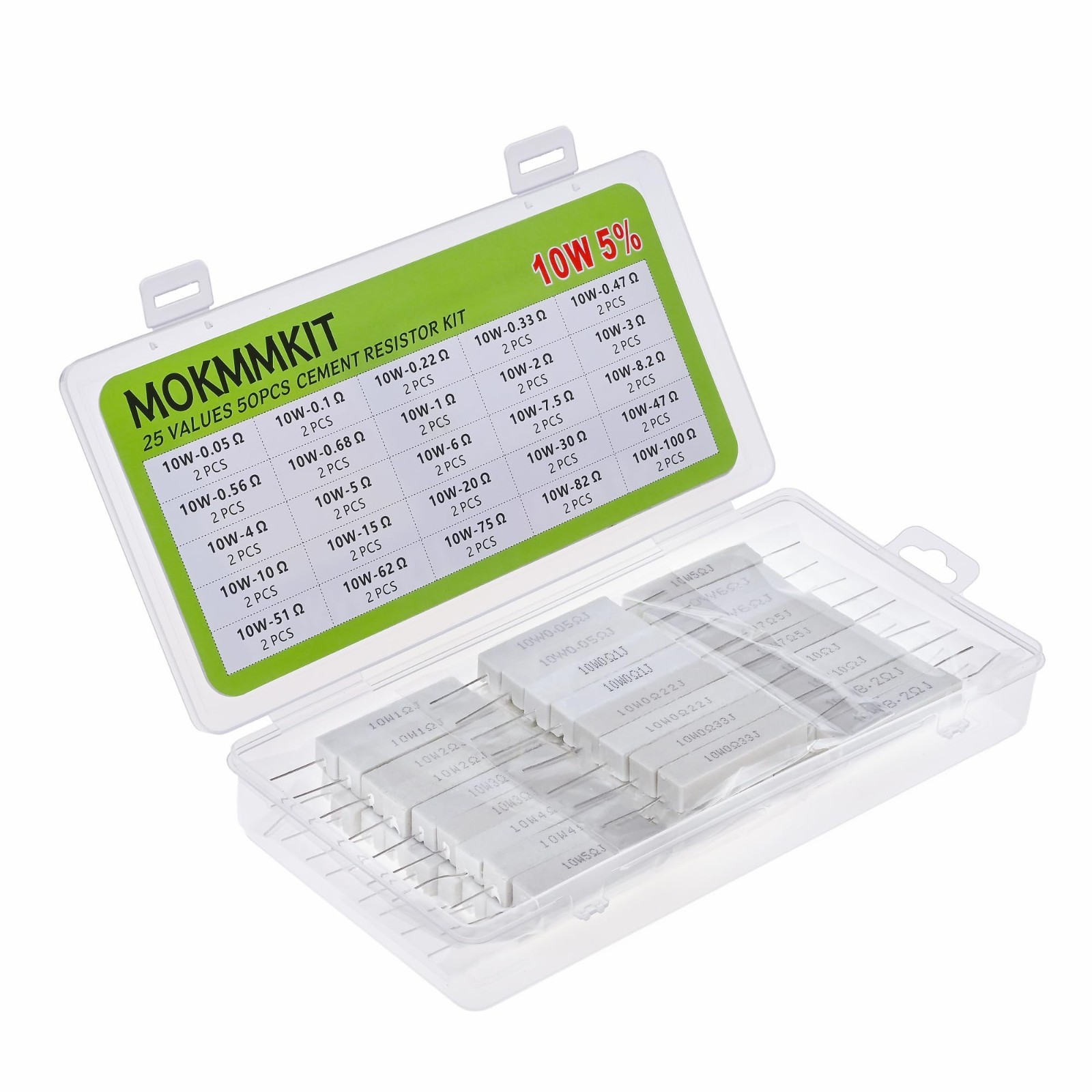 25 Values 50 Pieces Ceramic Cement Resistor Kit 10W ±5% Power Resistors 0.05-100