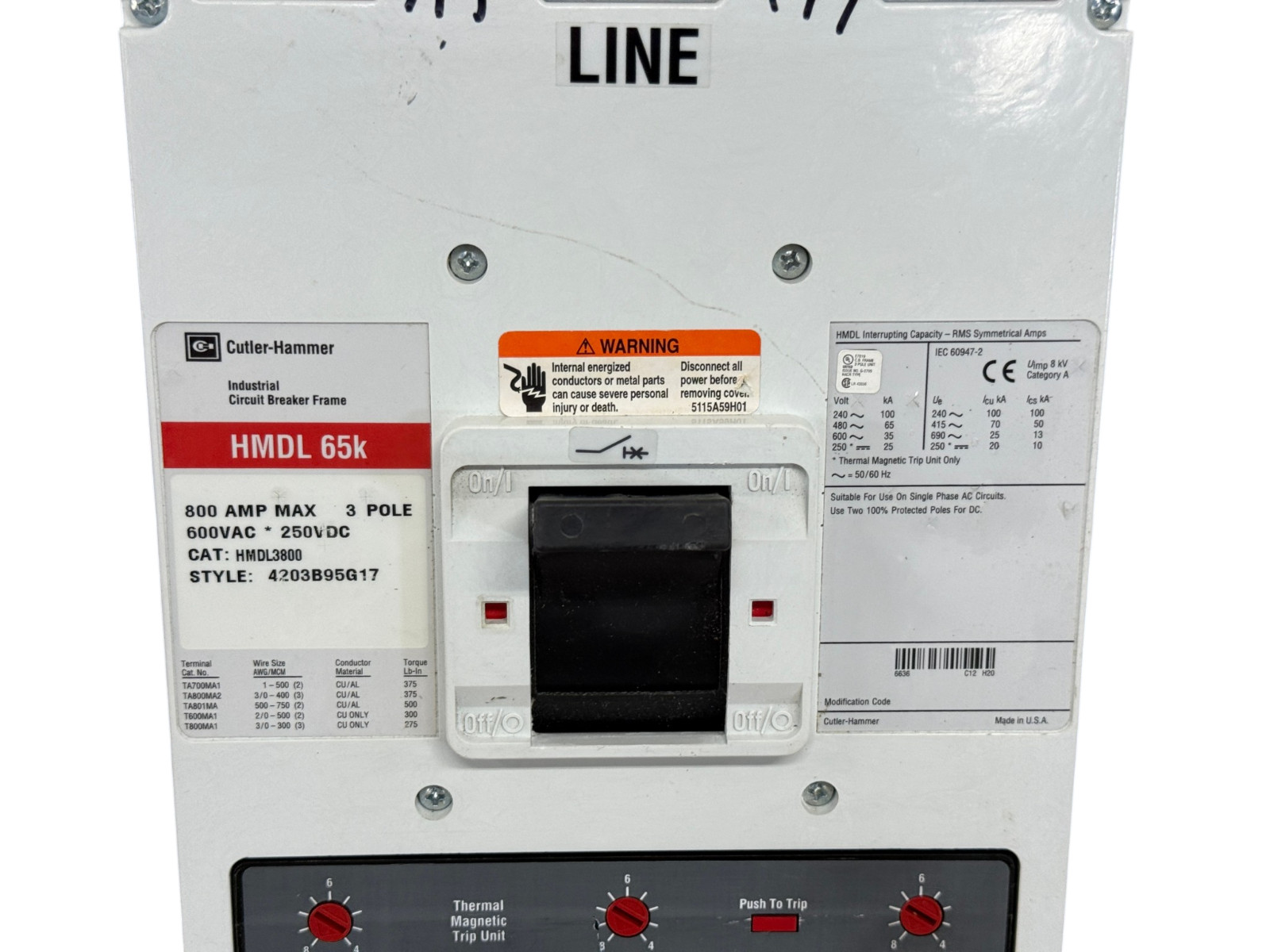 EATON CUTLER HAMMER HMDL3800F 800A 3-POLE 600V HMDL 65KA MT3800T CIRCUIT BREAKER
