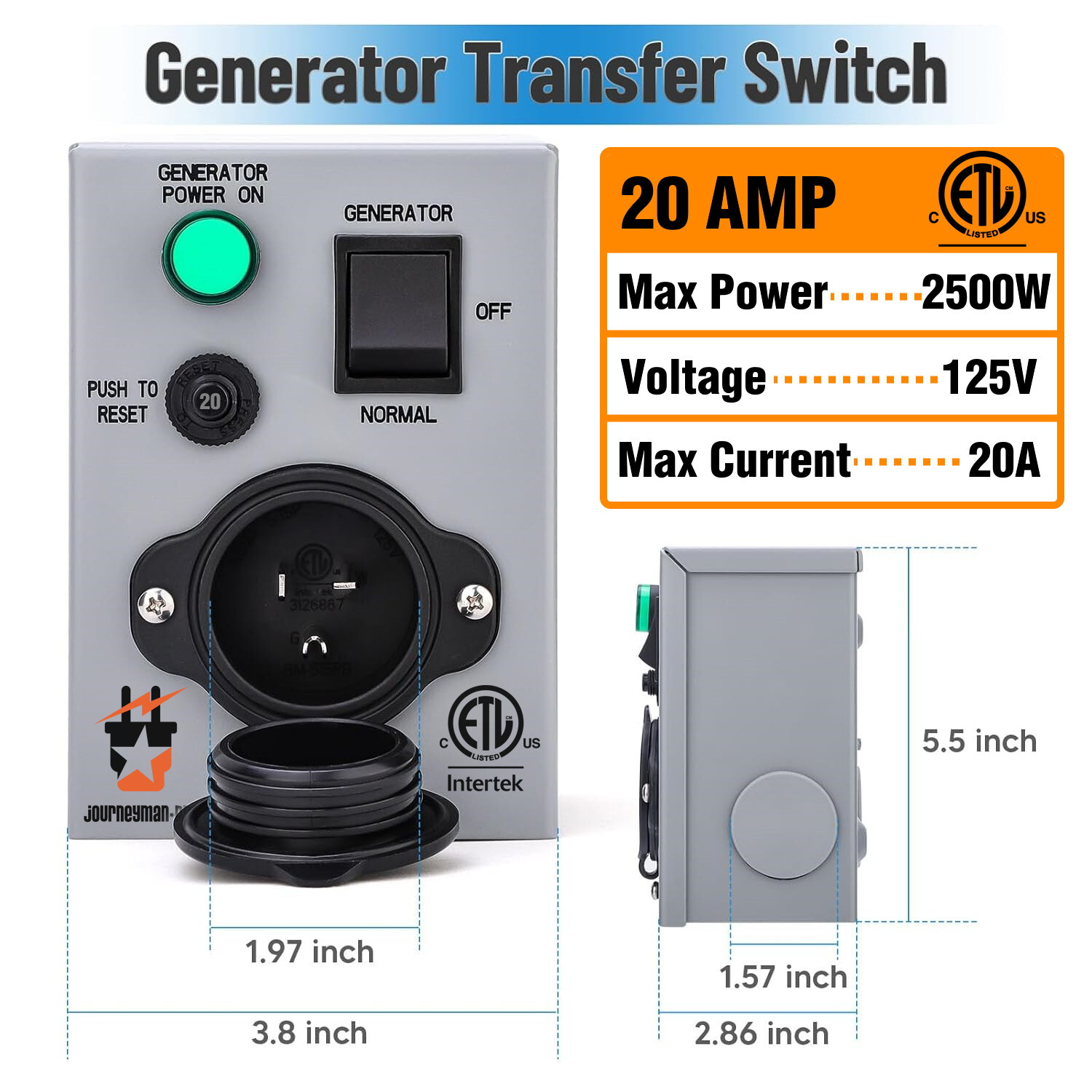 Generator Transfer Switch for Gas Furnace, Oil Heater ETL Listed 20 AMP Single
