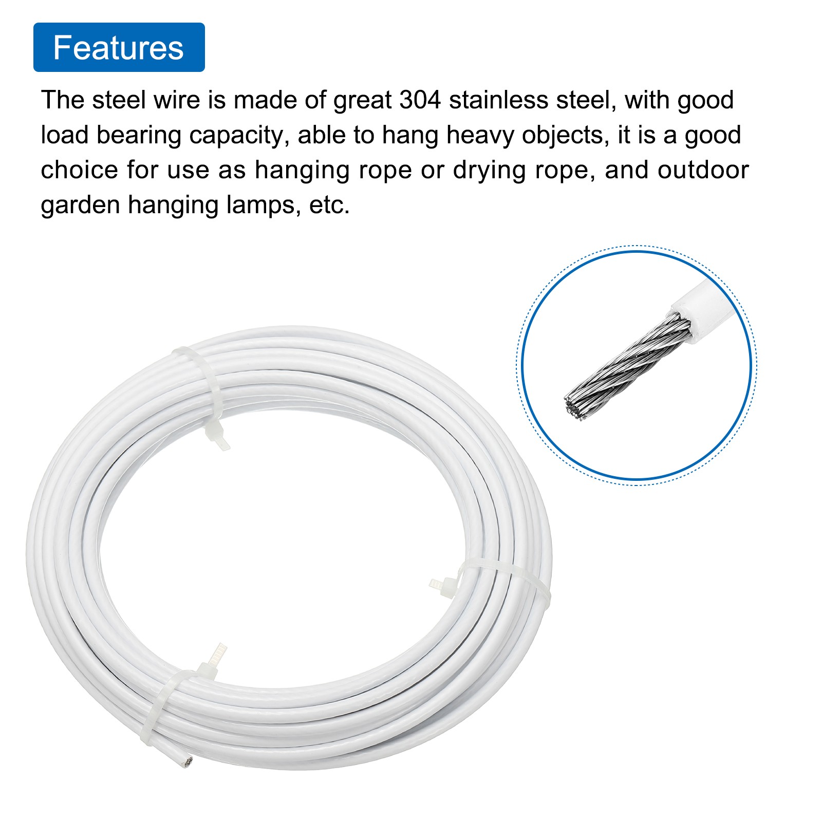 33Ft(10M) Wire Rope Stainless Steel Cable 5/32″ 4pcs Sleeves & Thimble White