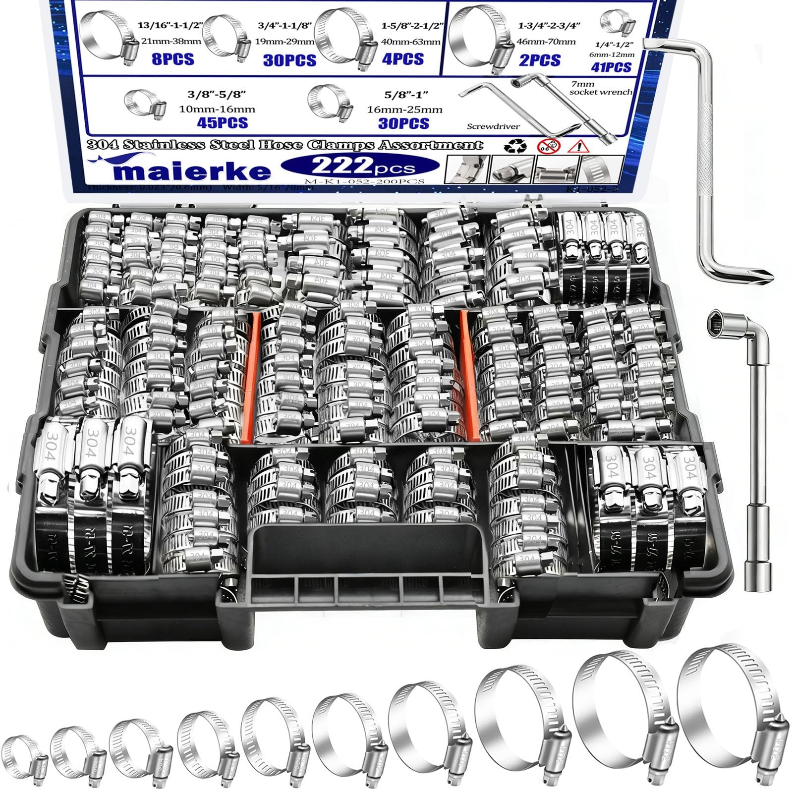 222PCS 304 Stainless Steel Hose Clamps Assortment Kit,Metal Adjustable 1/4″-2…