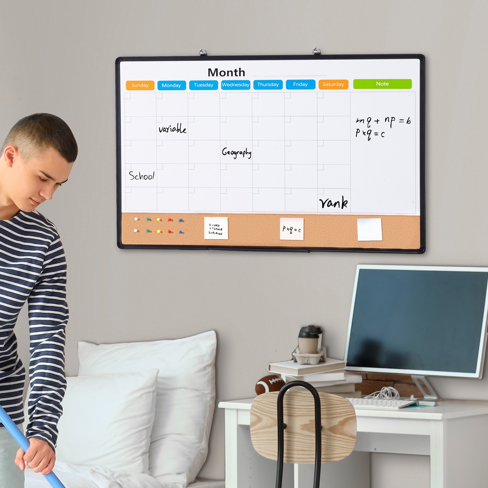 Uimoso 36″x24″Monthly Calendar Whiteboard & Cork Board Combo with Aluminum Frame