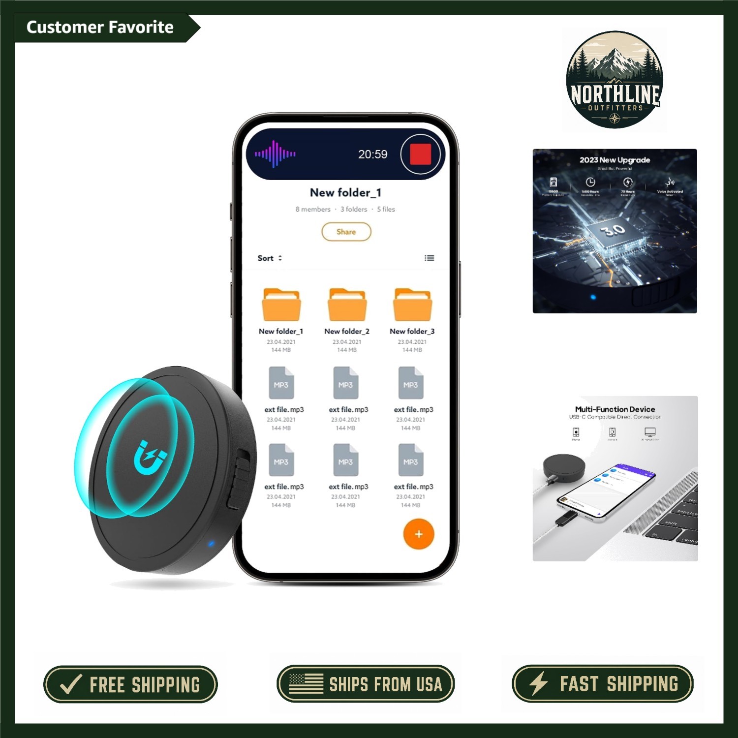 Compact 128GB Voice Activated Recorder – Magnetic, HD Recording for Interviews