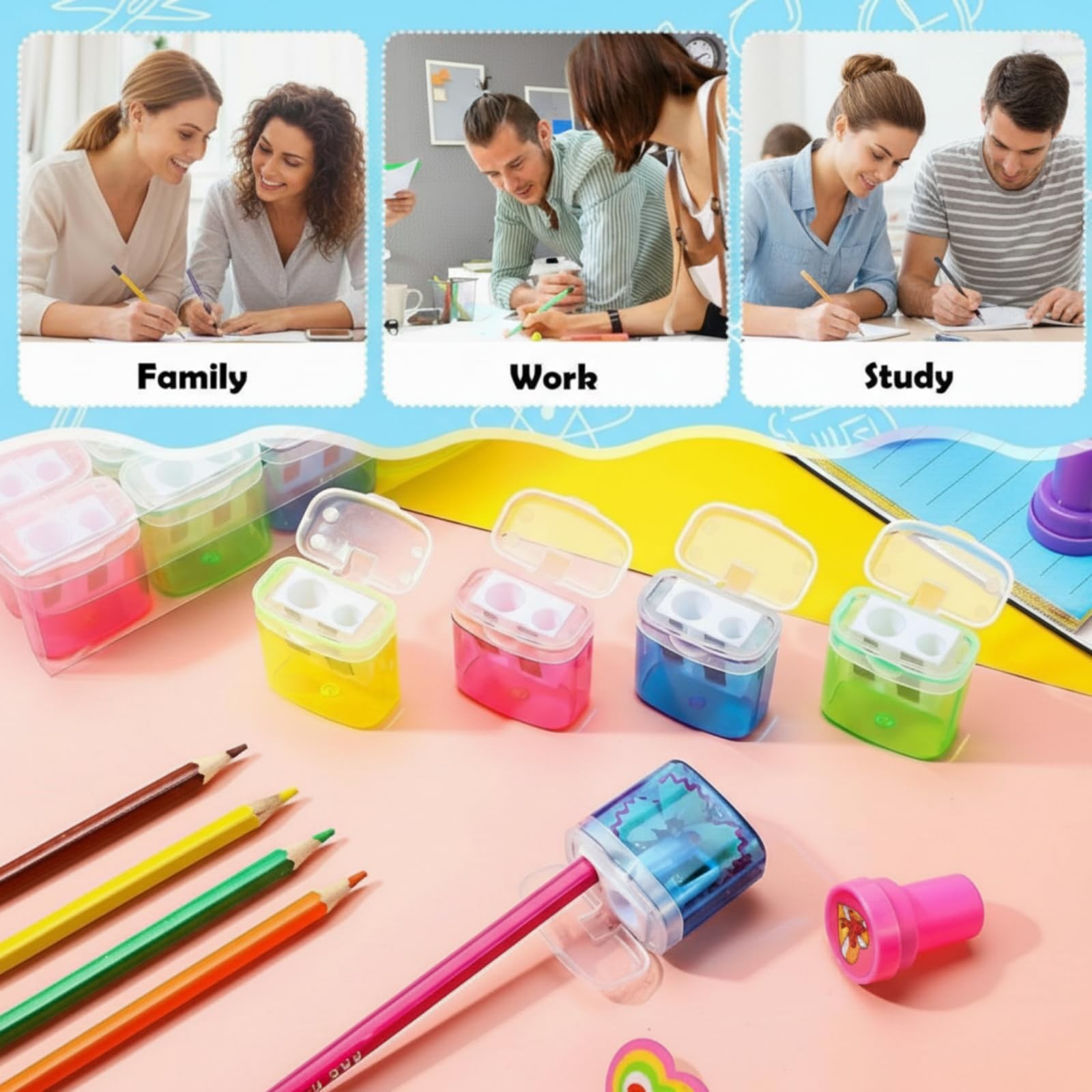 180 PCS Manual Pencil Sharpeners Bulk Handheld Dual Hole With Lid Colorful