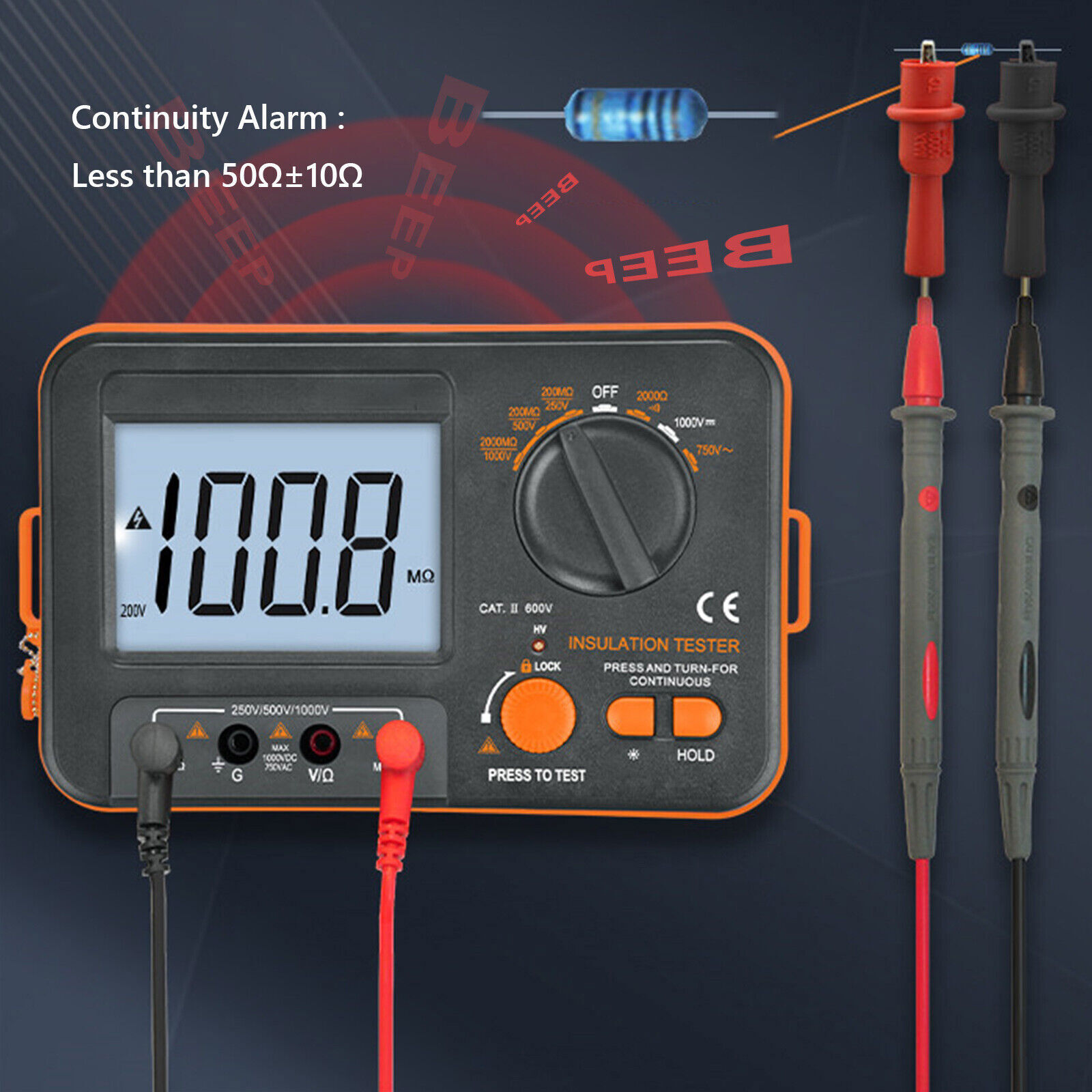 Digital Insulation Tester 250V/500V/1000V 2000MΩ 19999C Backlit LCD Data Hold
