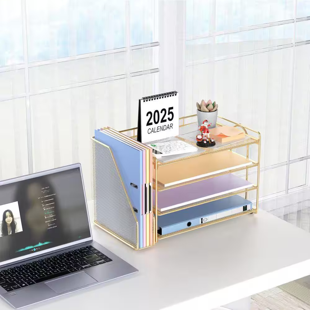 Gold 15.5 in X 9.2 in 4-Tier Paper Organizer with Magazine Holder