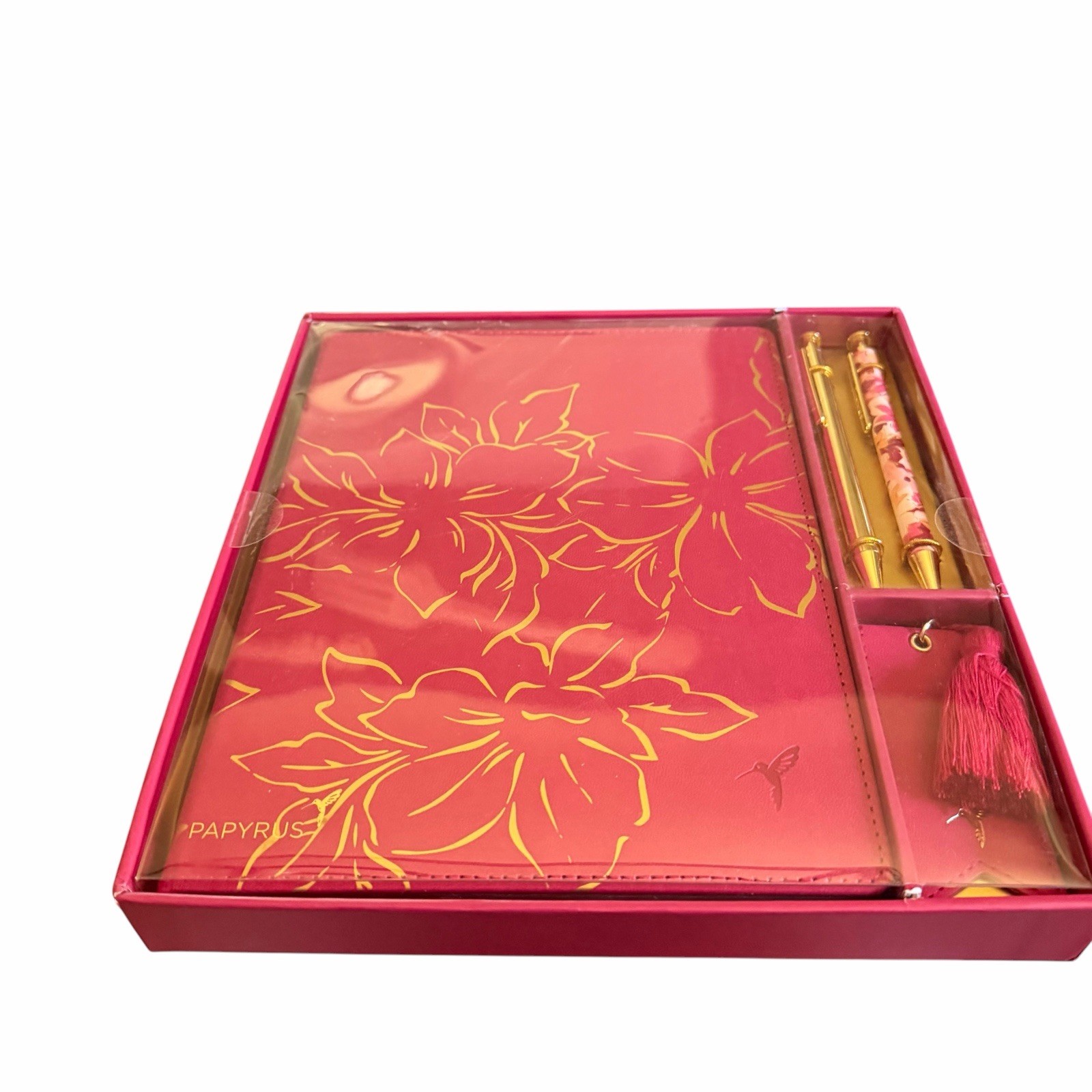 Papyrus Red Gold Journal Gift Set 2 Gold Pens and Tassel Bookmark Lined New Bird