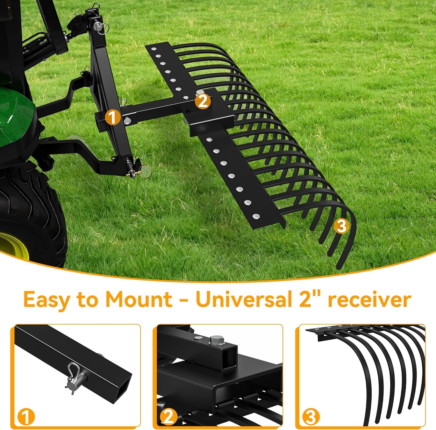 48″ Tractor Rake with 2″ Receiver 17 Steel Tines for Lawn Tractors ATVs / UTVs