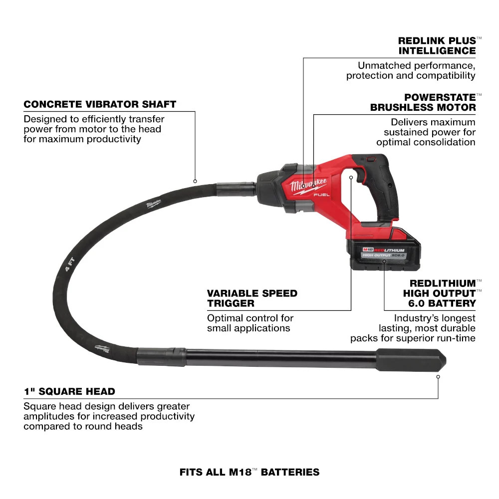 Milwaukee 2910-21 M18 FUEL 18V 4′ Cordless Concrete Pencil Vibrator Kit