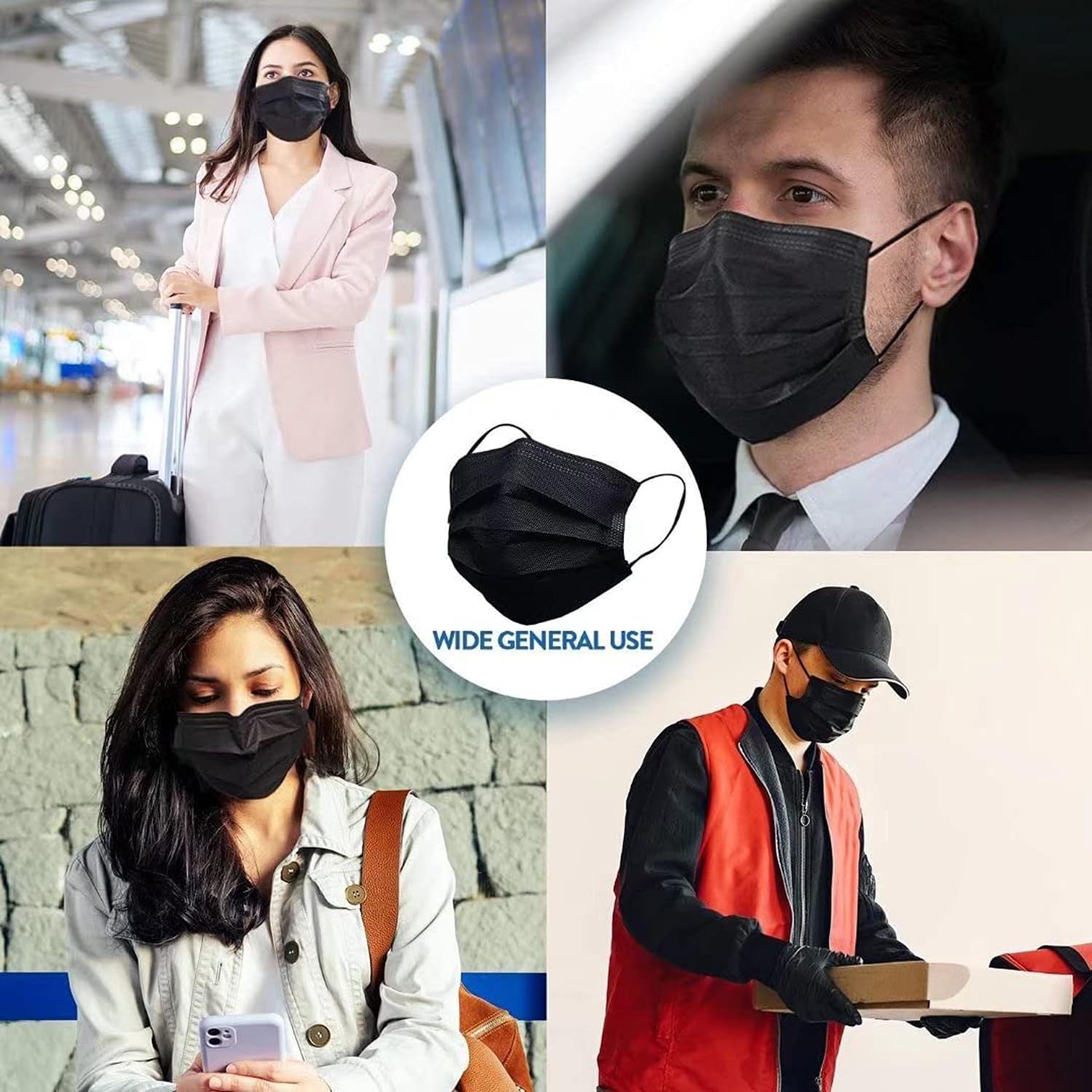 100Pcs Black Disposable Face Mask, 3 Ply Black Face Masks with Soft Elastic E…