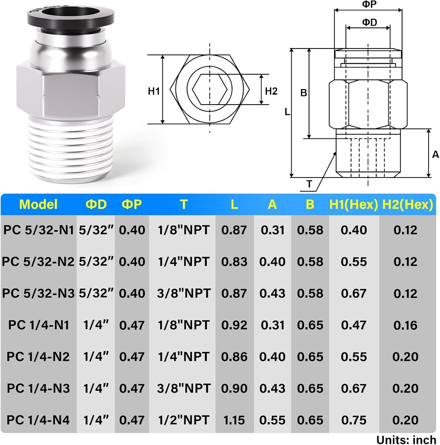 10 Male Straight Push Connect Fittings – 1/4″ OD & NPT – Copper/Plastic