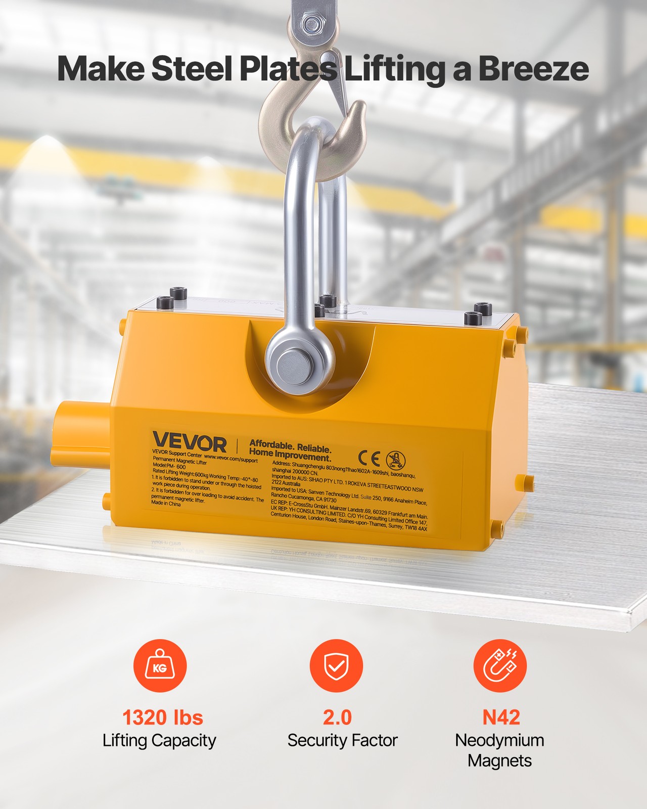 VEVOR Permanent Magnetic Lifter Lifting Magnet 1320 lbs Pulling Capacity N42