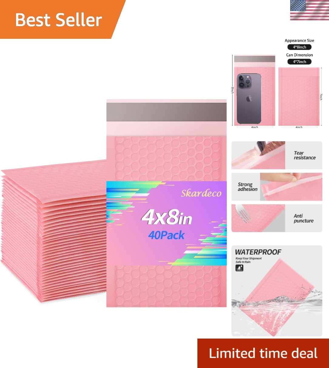 Everyday Use Pink Bubble Mailers 4×8 – 40 Pack Tear-Resistant Shipping Envelopes