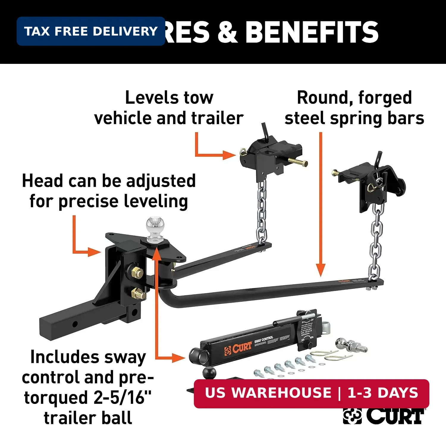 17063 Round Bar Weight Distribution Hitch with Sway Control, 14,000 lb | 1,000-1