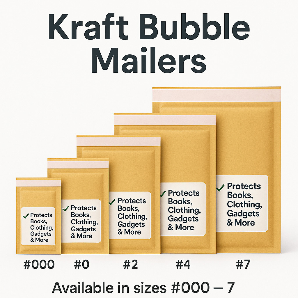 All Sizes Kraft Bubble Mailers – Padded Envelopes #000 to #7 (10–1000 Pack)