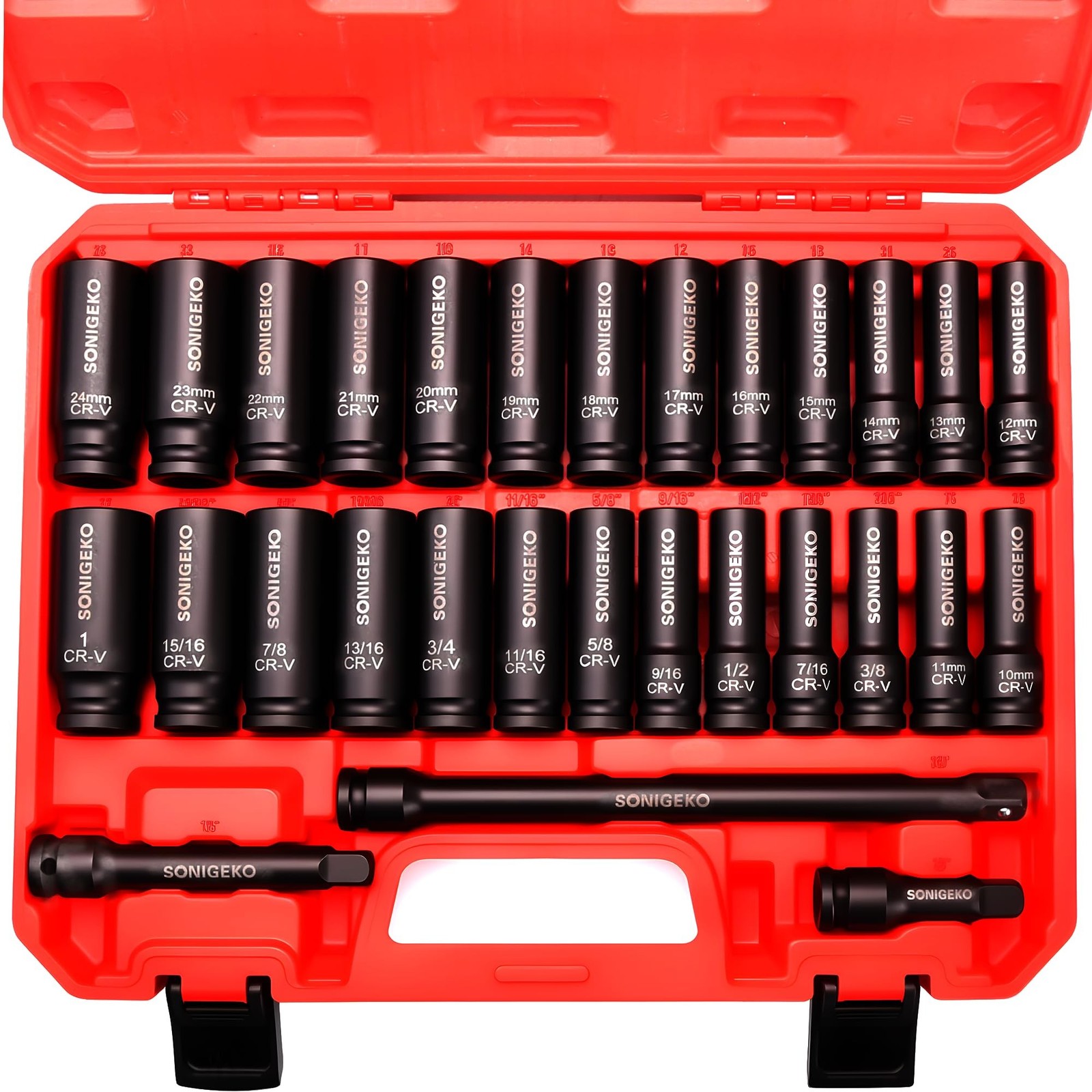 29-Piece 1/2″ Drive Impact Sockets Set, 6 Point Deep Standard SAE and Metric …