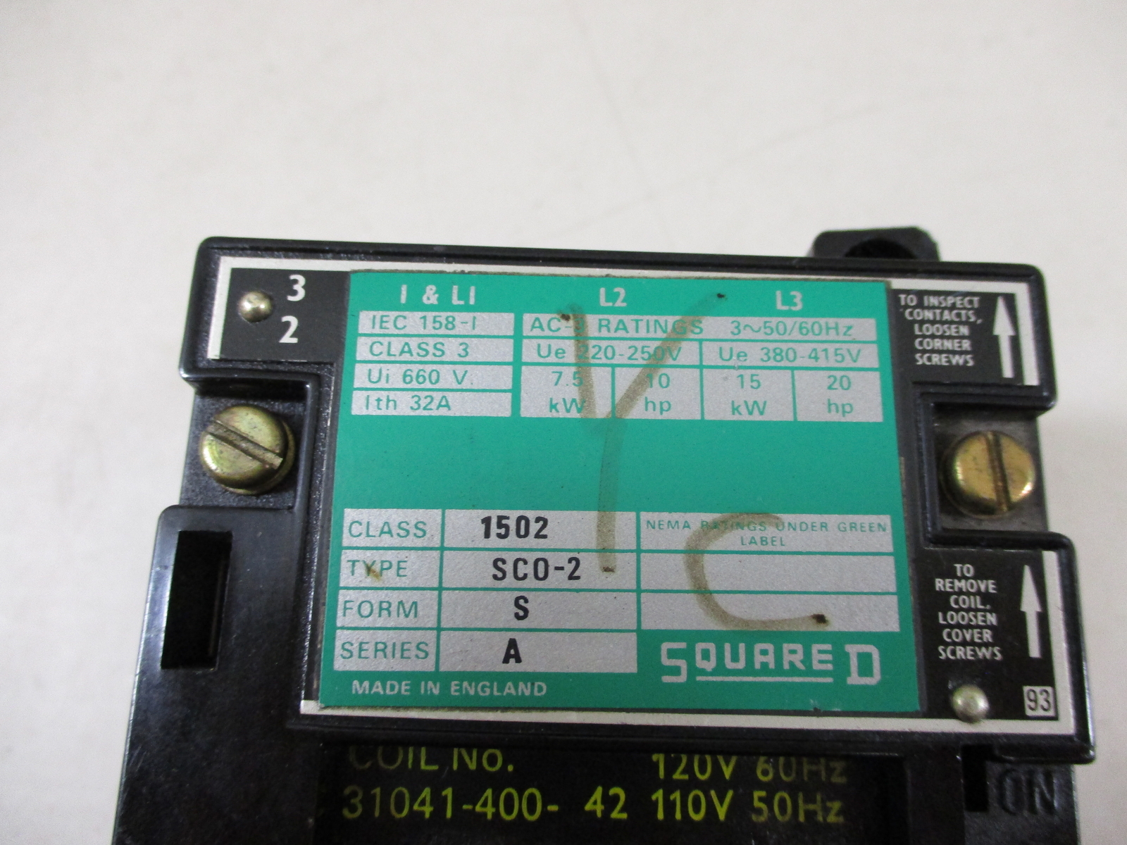 SQUARE D 1502 TYPE SCO-2 FORM S SERIES A STARTER w/31041-400-42 COIL 120V