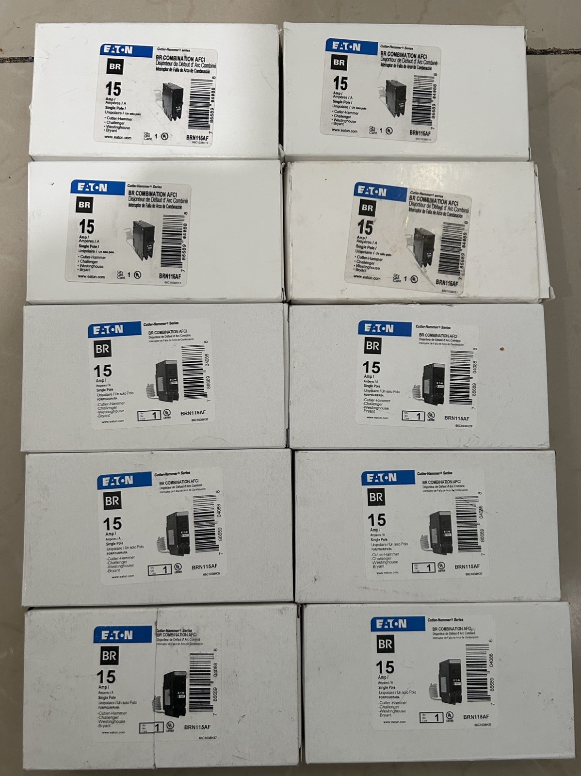 10 Eaton BRN115AF 15 Amp Single Pole 120V Pigtail-Neutral AFCI Arc Fault Circui