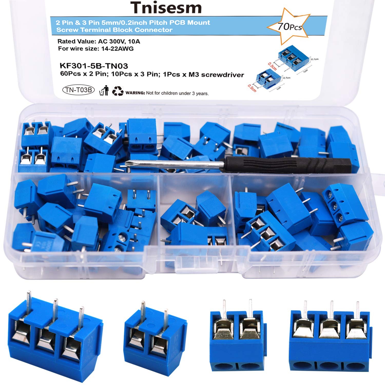70pcs 2 & 3 Pin 5mm Pitch PCB Mount Screw Terminal Block Connectors Splicable TN