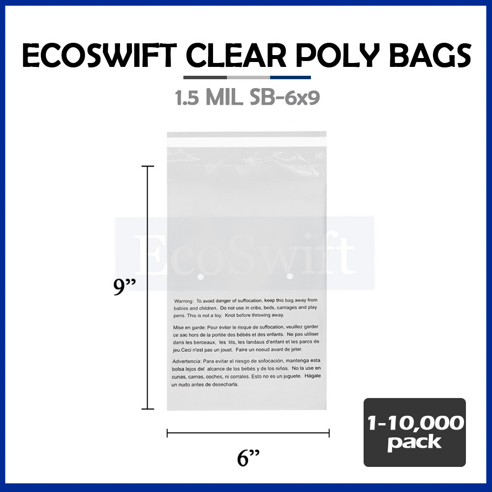 1-10000 6×9 EcoSwift Self Seal Suffocation Warning Clear Poly Bags Free Shipping