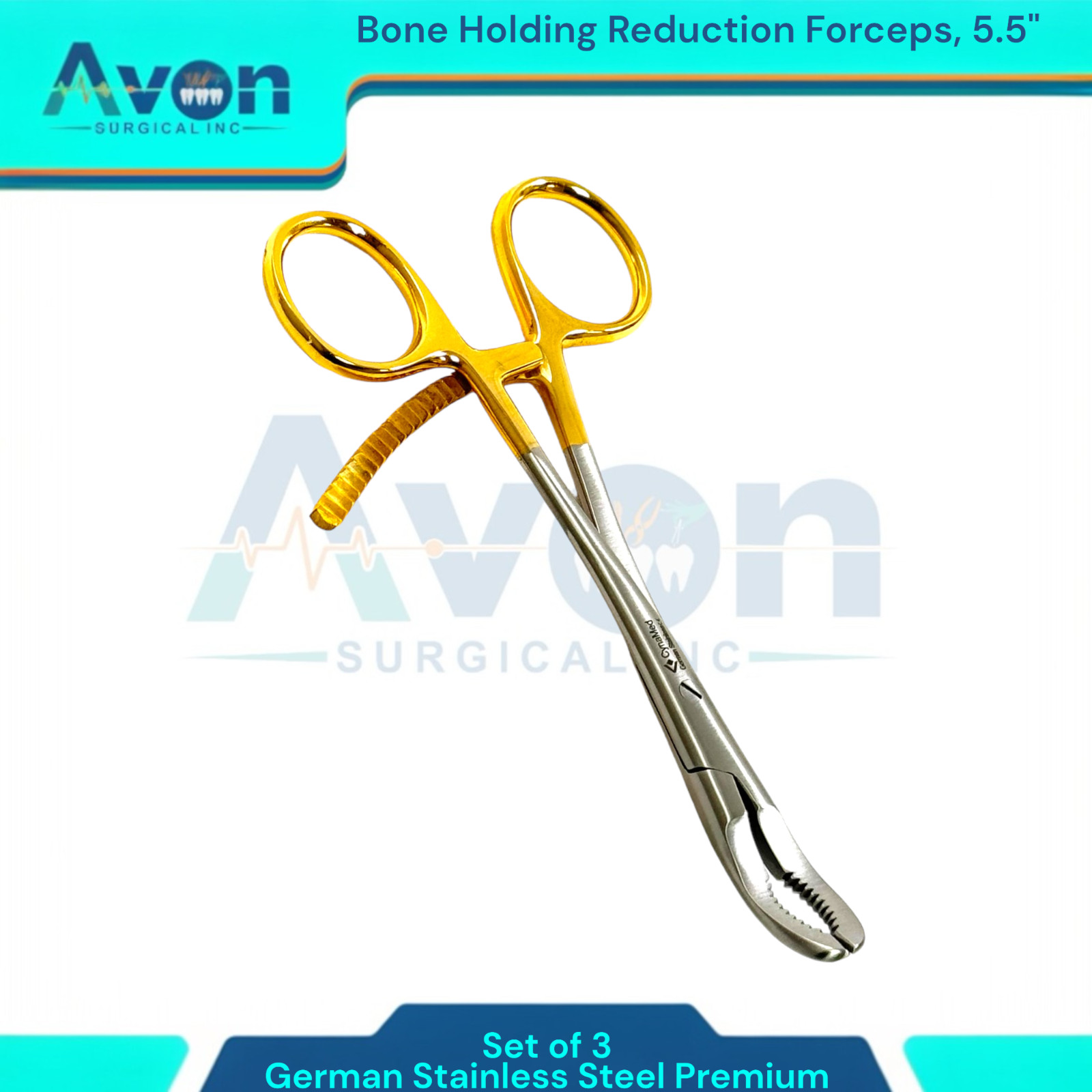 Premium Bone Holding Reduction Forceps 5.5″ w/ Ratcheting Gold Handle, 3PK