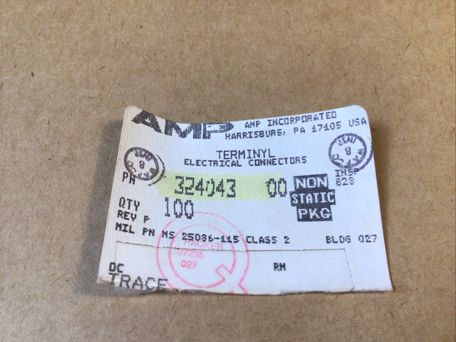 10 Pc. AMP 324043 Ring Tongue Terminal RING-047 8 AWG 10 TERMINYL 0.190 in. Ti