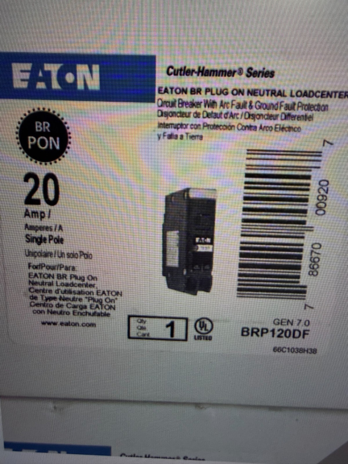 10 Eaton BRP120DF Dual Function AFCI/GFCI Plug-On Neutral Breaker 20A 1-Pole