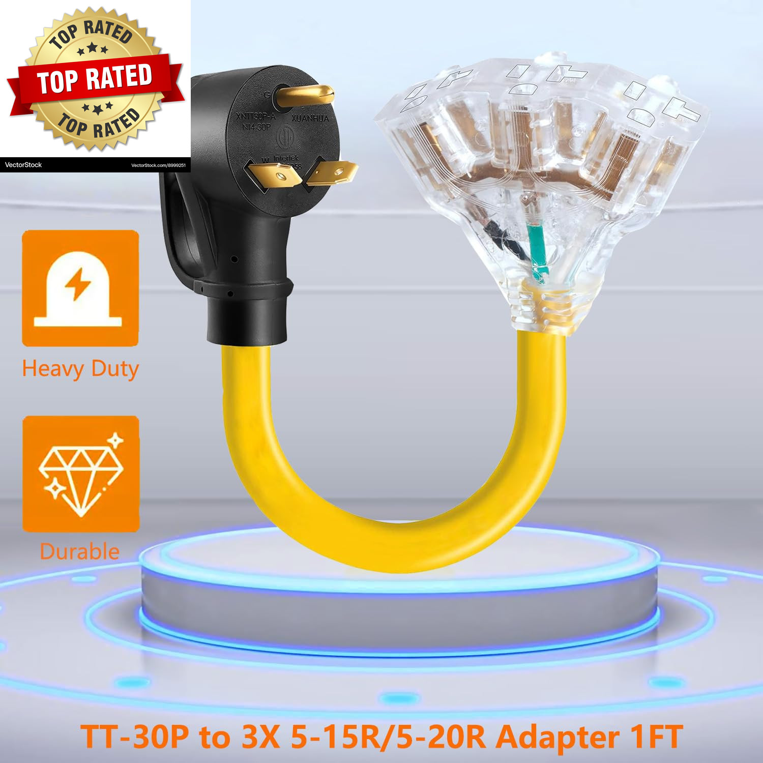 30 Amp to 20 Amp 110V RV Cord Distribution Plug Adapter, NEMA TT-30P to 3X 5-20R