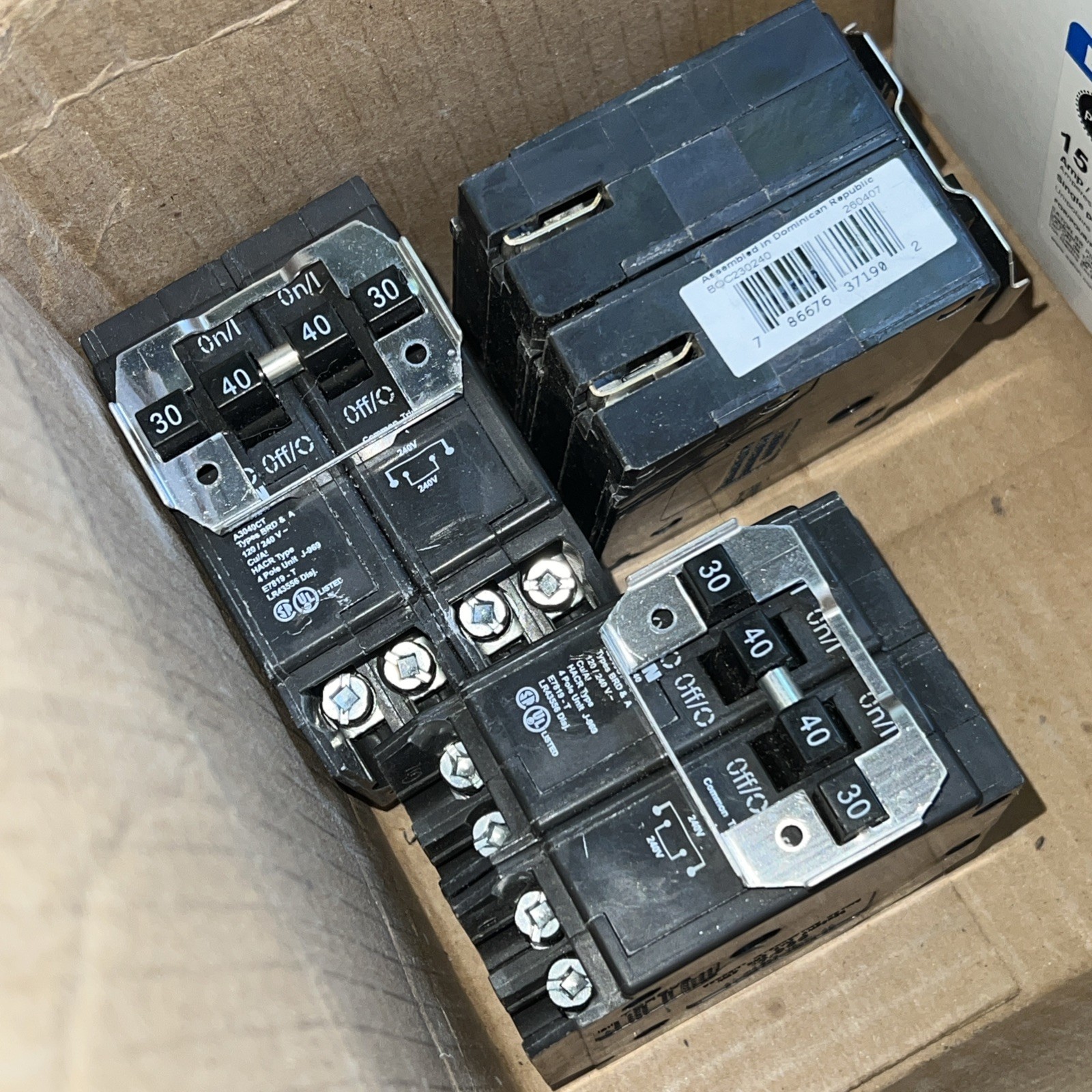 X3 Eaton BQC230240 quad 2P 30A 2P 40A 240v plug on circuit breaker Cutler Hammer