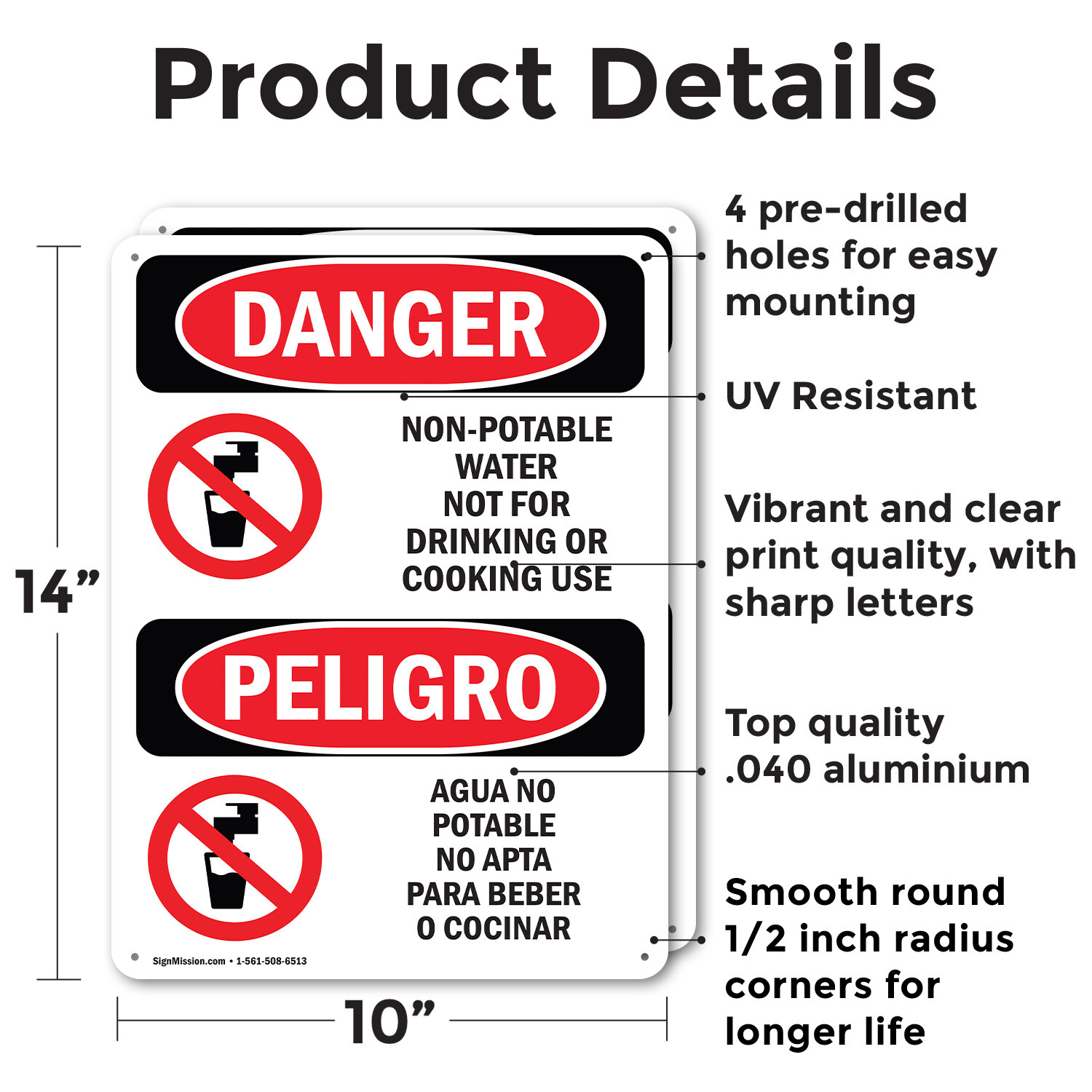 (2 Pack) Non-Potable Water No Drinking Bilingual OSHA Danger Sign Decal Metal