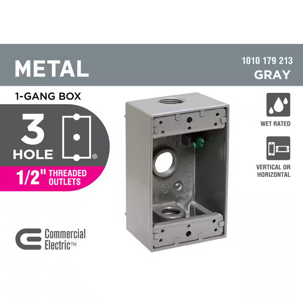 1-Gang Metal Weatherproof Electrical Outlet Box with (3) 1/2 Inch Holes, Gray