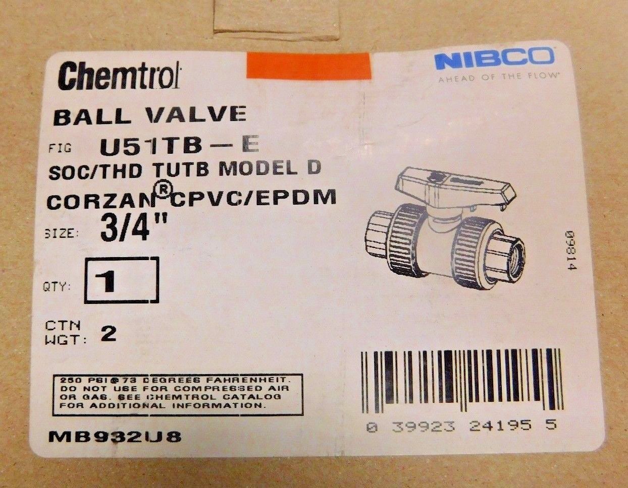 Nibco Chemtrol Ball Valve 3/4" Model D Universal End Corzan CPVC/EPDM U51TB