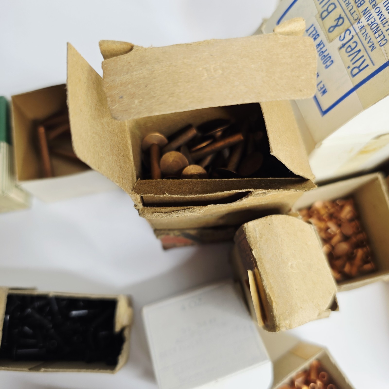 8 Pounds Vintage Copper Steel Belt Fasteners Tubular Rivets Burrs Boxes Lot Bulk