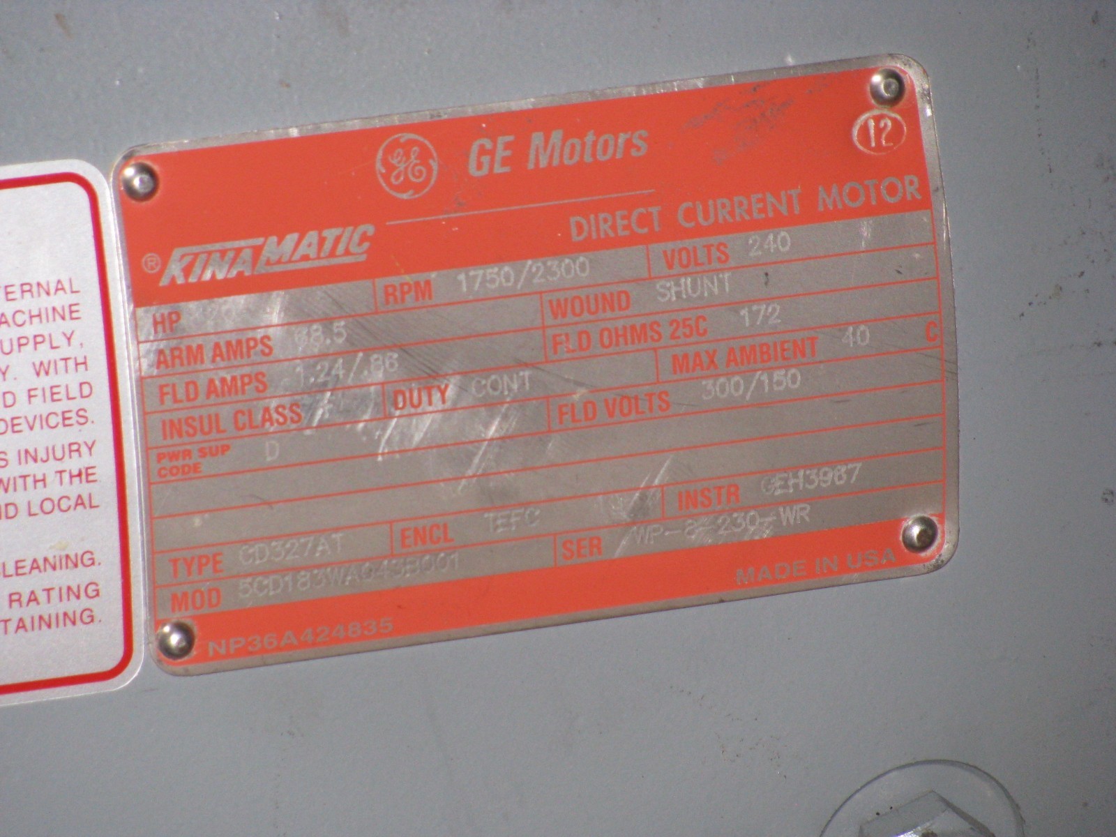 Refurbished GE Motors Kinamatic 20 HP DC Motor – Model # 5CD183WA043B001