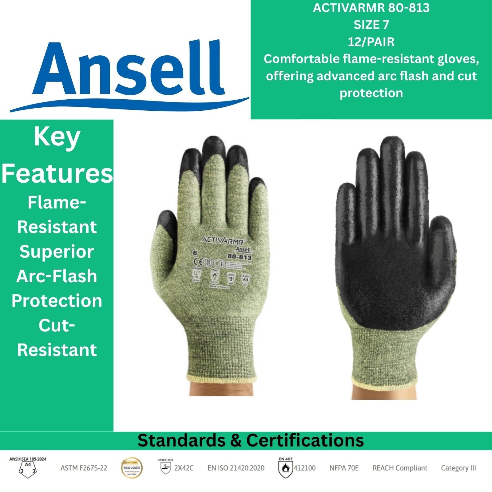 Ansell ActivArmr 80-813 Gloves Size 7 | Arc-Flash & Cut-Resistant | 1 Dozen 12PR