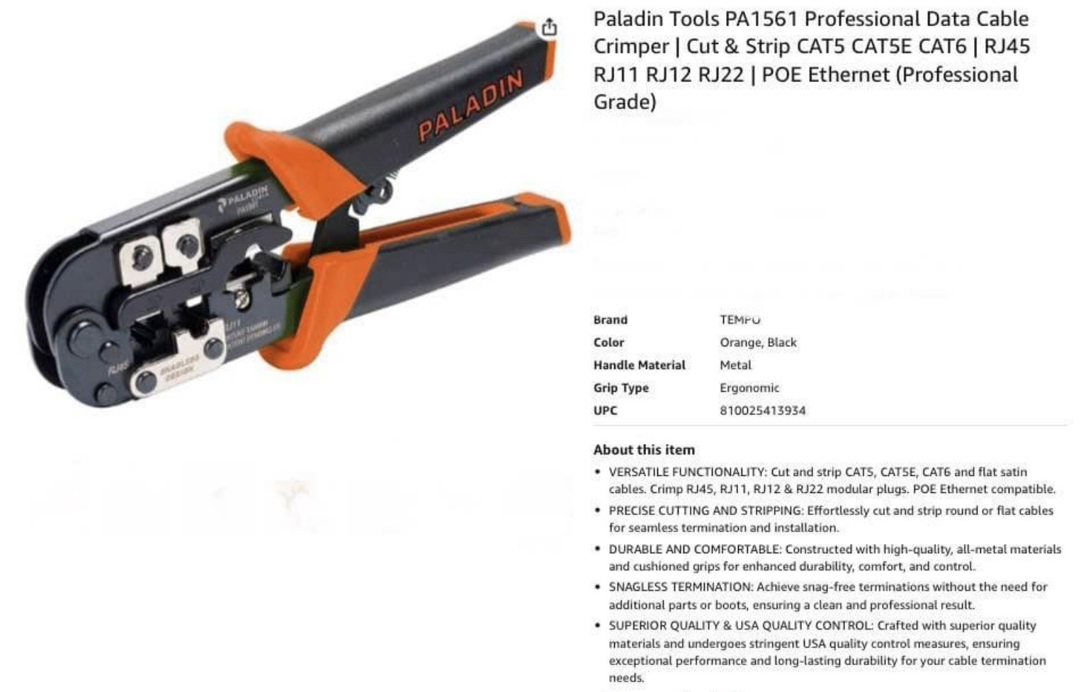 Paladin Tool All in One Data Tool Crimper Cat5 Cat5E Cat6 RJ45 RJ11 RJ12 RJ22