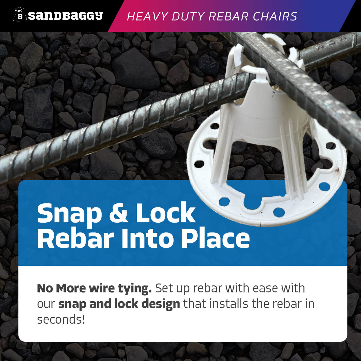 Sandbaggy Plastic Rebar Chairs – Elevates Rebar 2.5″ or 3″ – Rebar #3 to #5