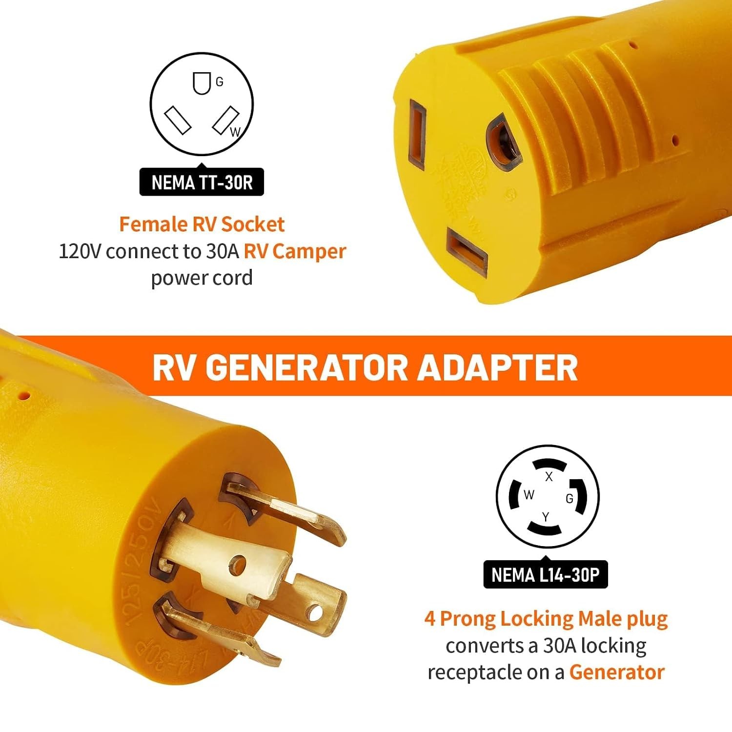 NEMA L14-30P to TT-30R 30 Amp RV Generator Adapter, 4 Prong Locking 120/240V …