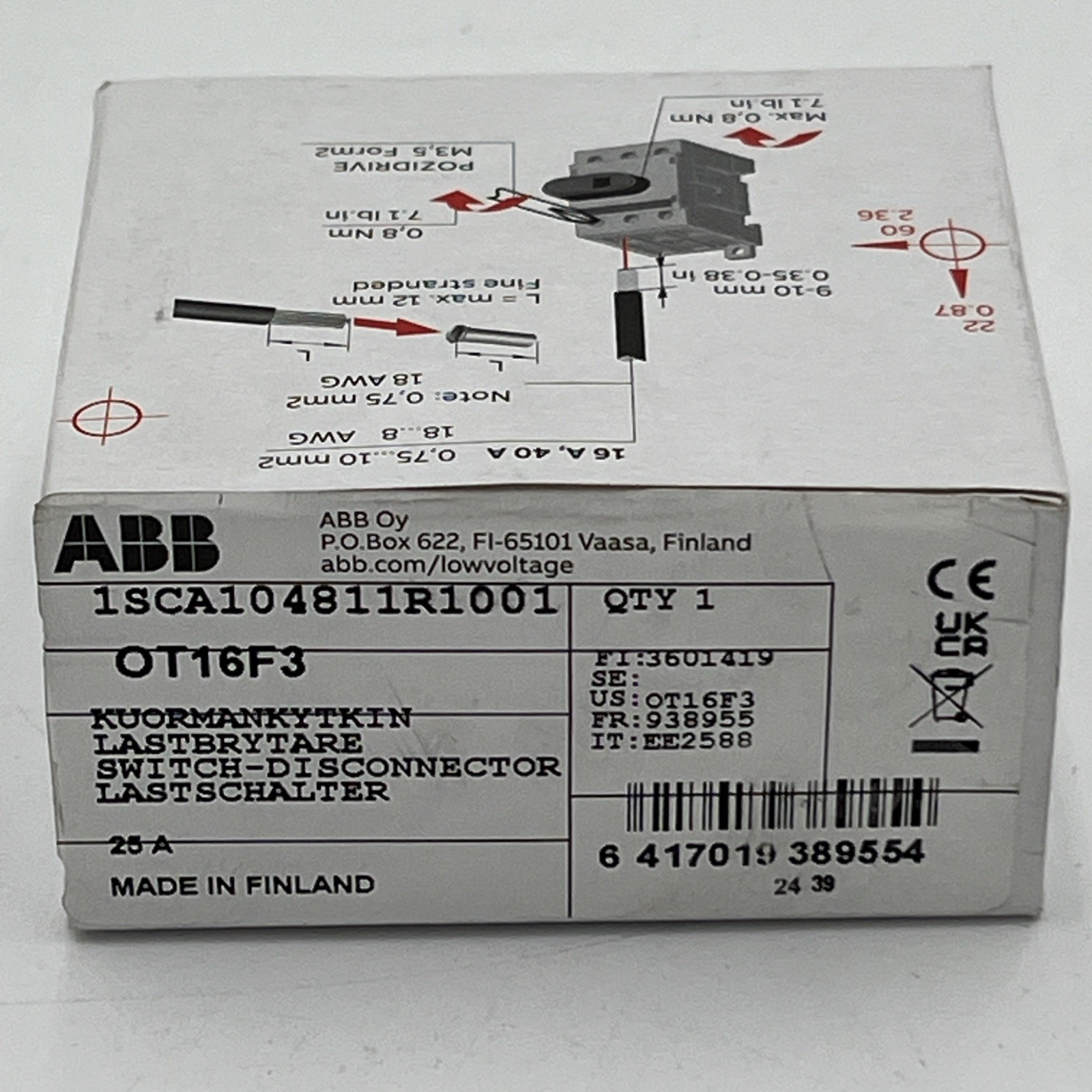 NEW!! ABB OT16F3 Switch Disconnector 3-pole Front Operated 16A – 1SCA104811R1001