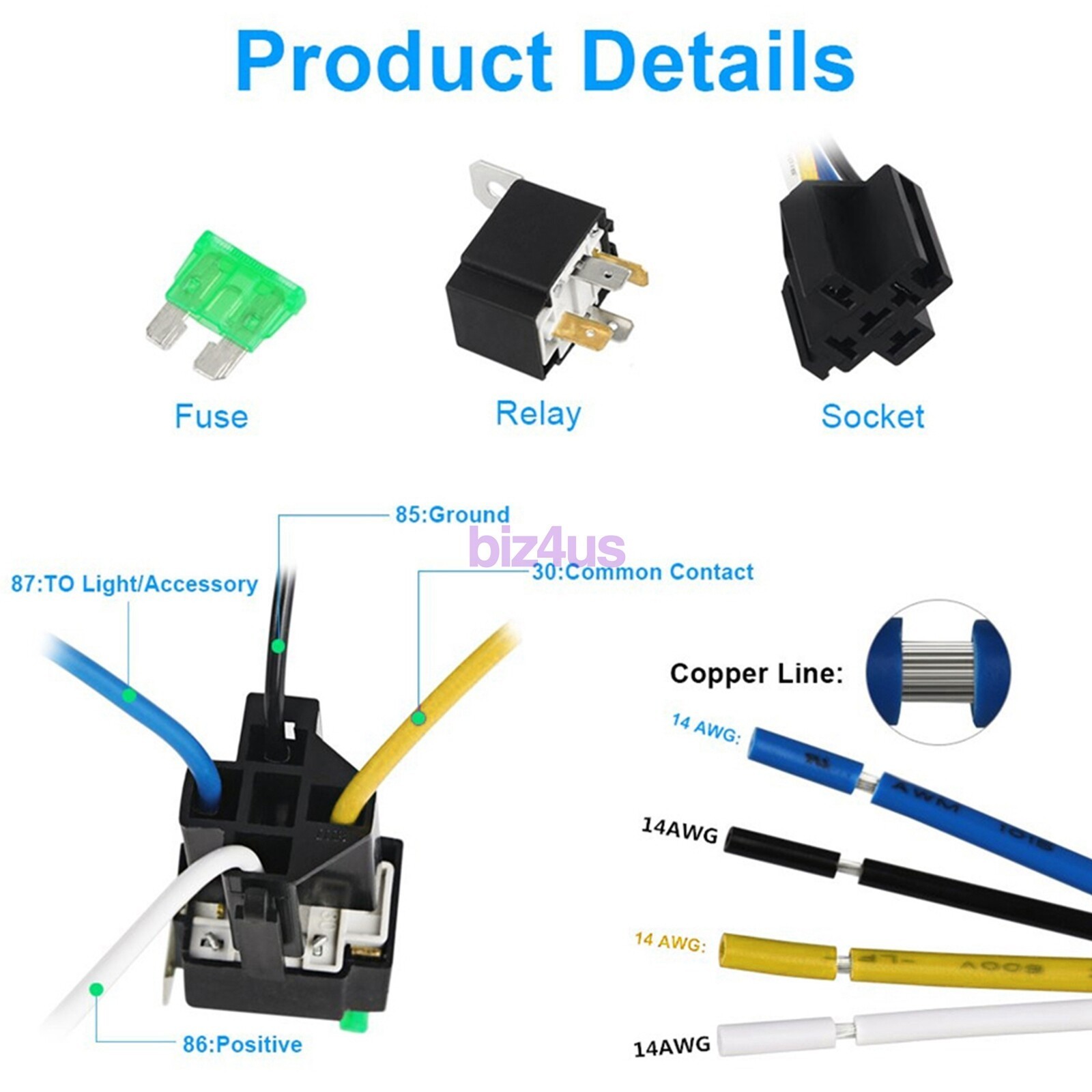 6 Pack 12V DC 30 Amp 4-Pin Automotive Relay Harness Set Switch Fuse US