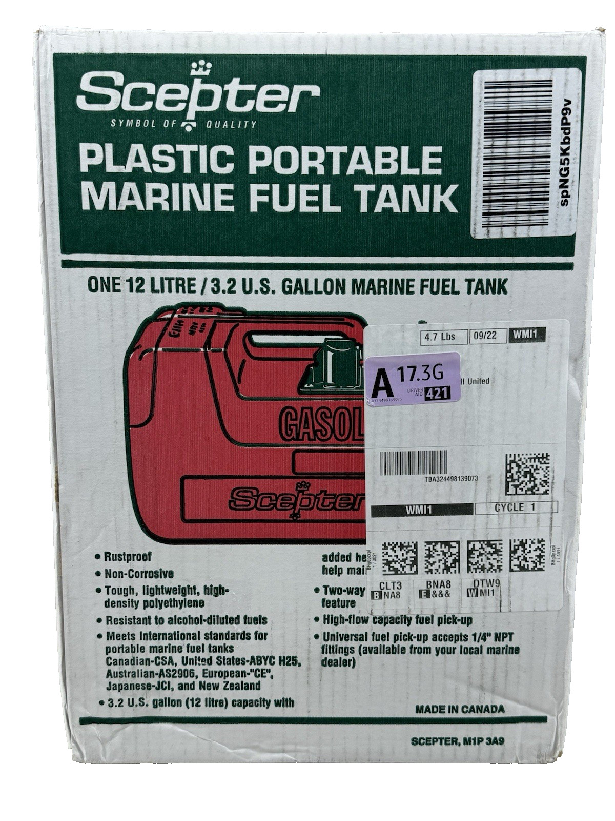 Scepter 3.2 Gallon Portable Marine Gas Can Boat Fuel Tank 2-Way Vented NEW