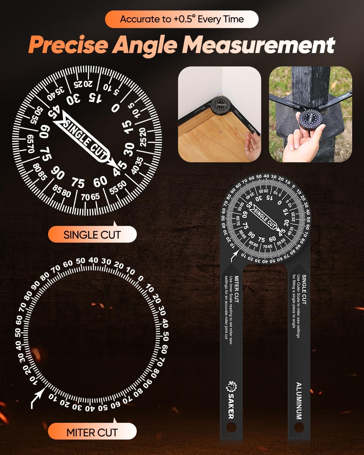 Saker Miter Saw Protractor|7-Inch Aluminum Protractor Angle Finder Black