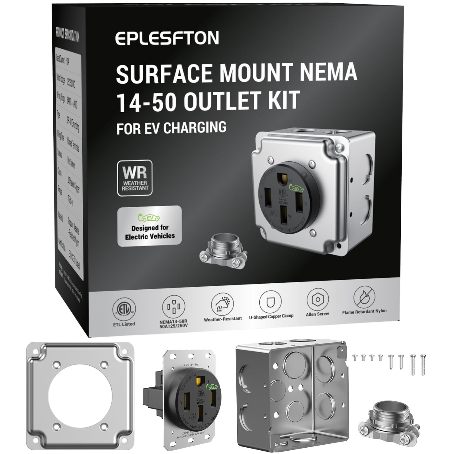 Nema 14-50 EV Outlet with Surface Mount Box Kit, Weather Resistant 50 amp EV …