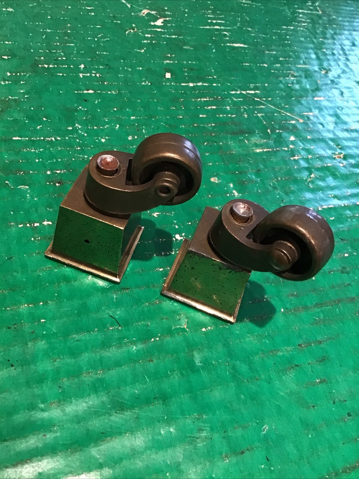(2) Vintage Swivel Brass 1″ Square Tapered Cup Caster w/ 1″ Wheel Furniture