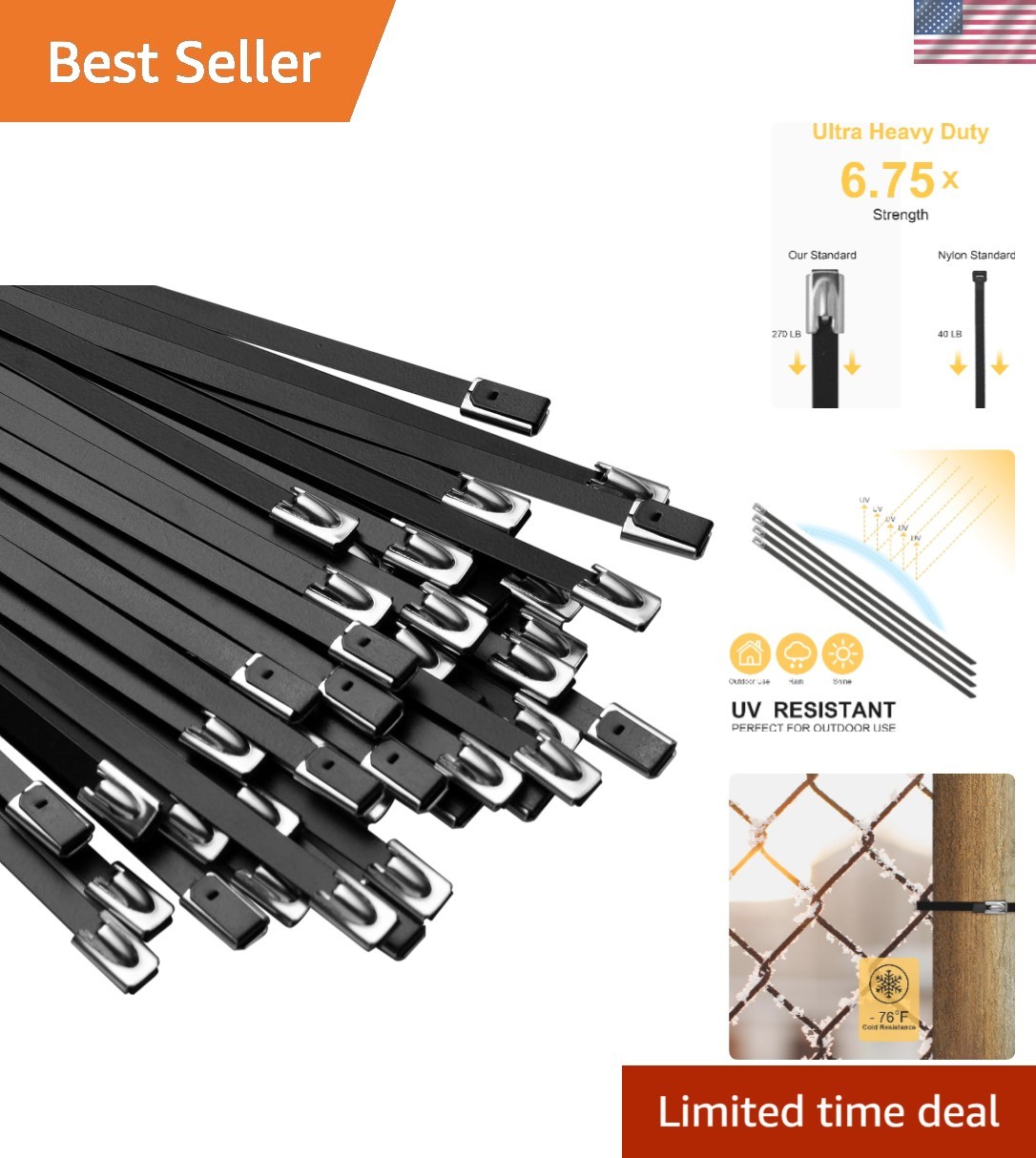 304 Stainless Steel Cable Ties – 11.8 in, 270 lbs Strength, 30 Pack