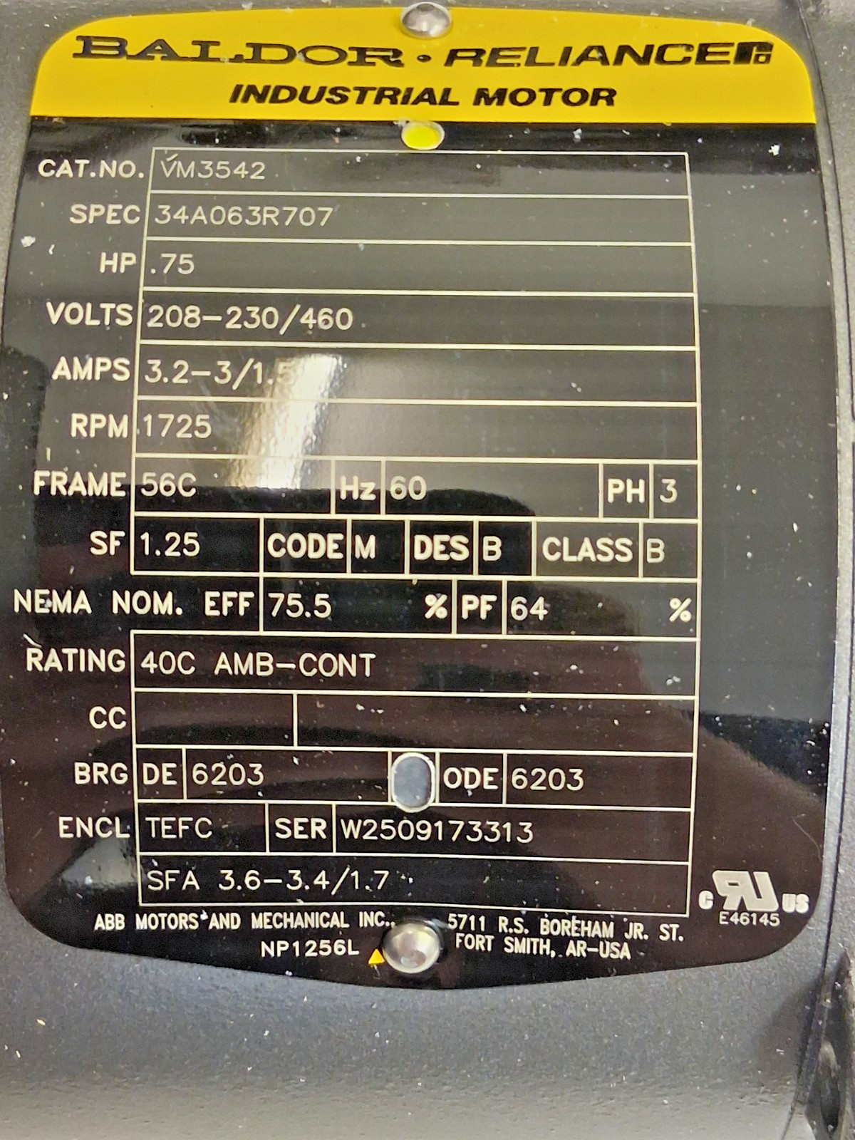 Baldor Reliance Three Phase AC Motor TEFC Enclosure VM3542