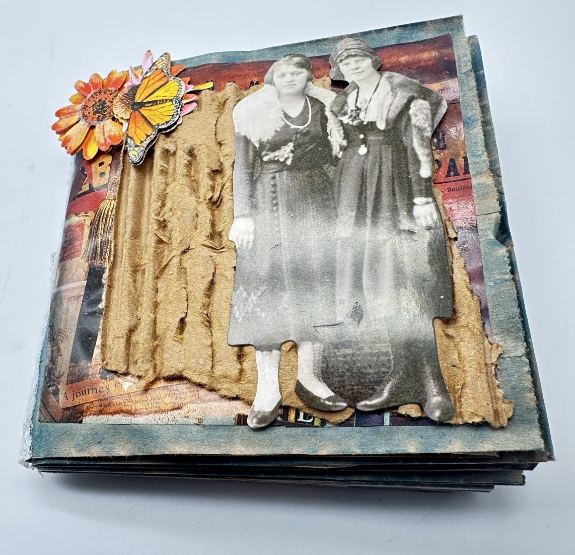 Hand Made Junk Journal 6×5 Inches Old Time Pictures With Orange Yellow Flowers