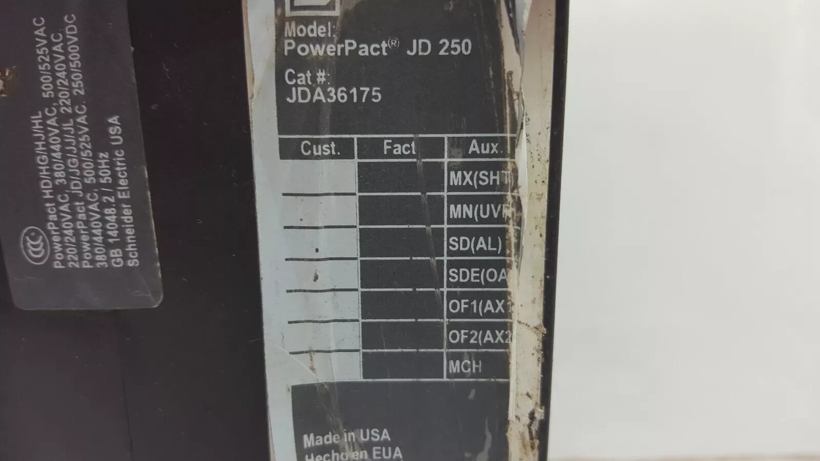 SQUARE D JDA36175 POWER PACT CIRCUIT BREAKER 175A 3P 600V 175 AMP 3 POLE JDA
