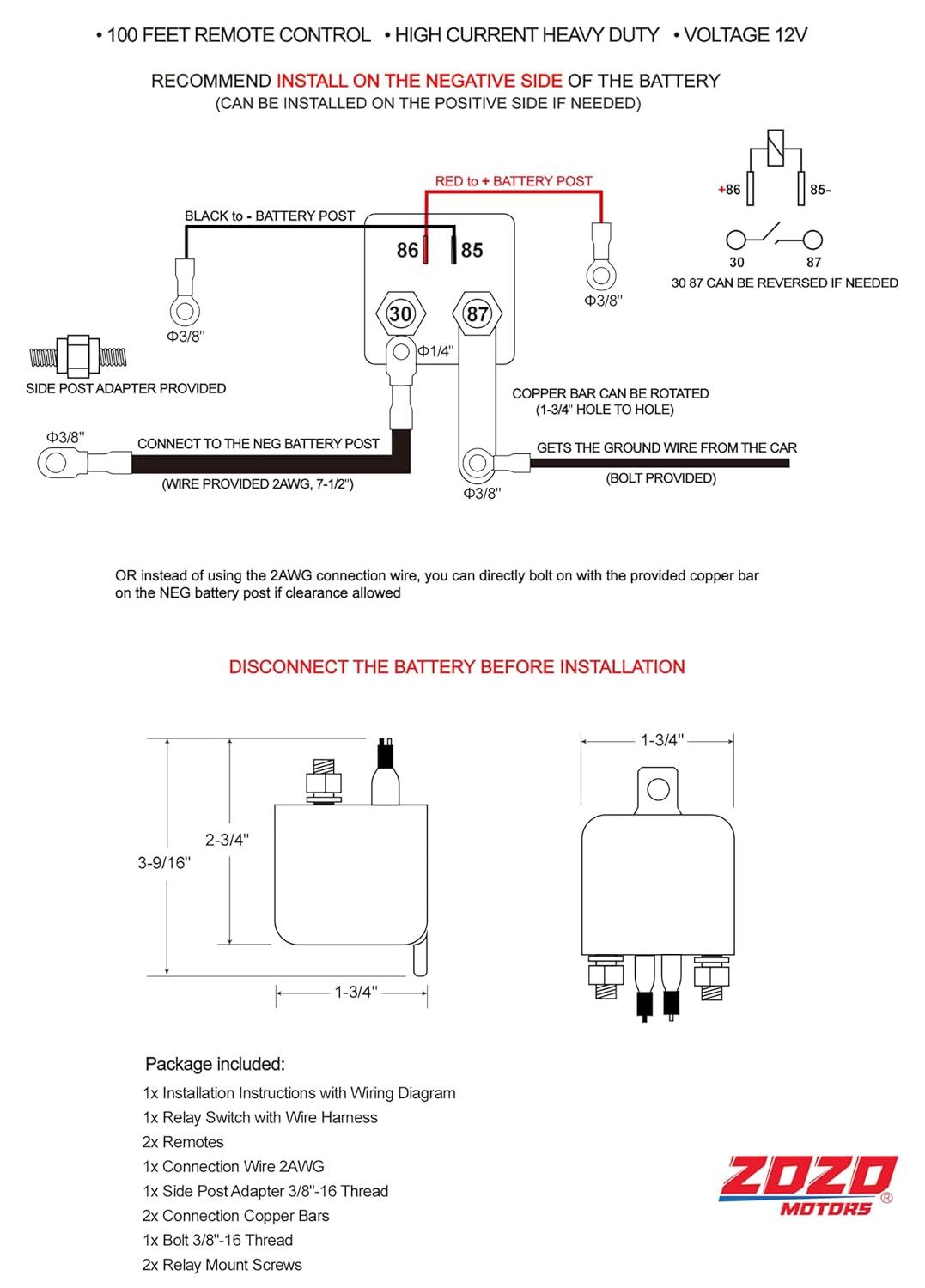 Side Post Remote Battery Disconnect Switch 12V Heavy Duty 200/1000A On/Off | 3/8