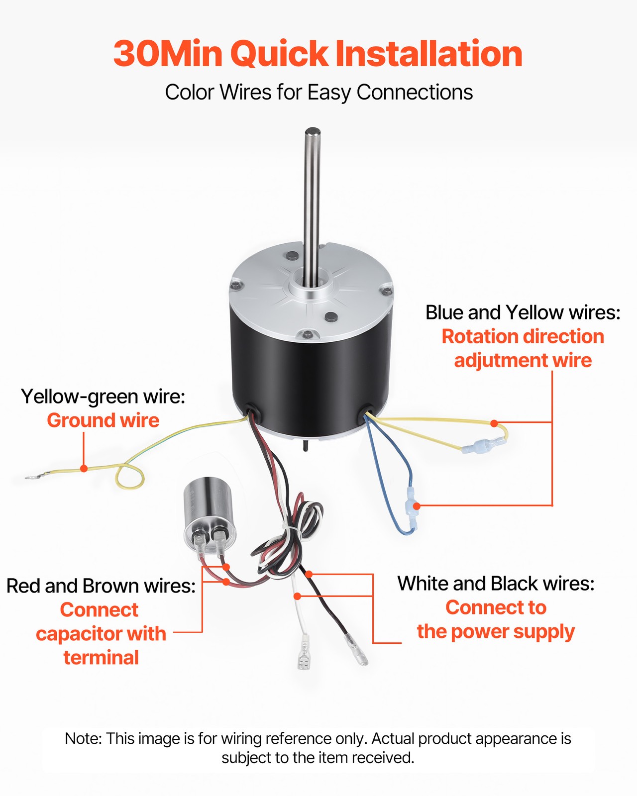 VEVOR Condenser Fan Motor with Capacitor 1/3HP 1075RPM 208-230V CW/CCW Rotation
